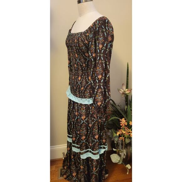 New Verandah Smocked Tiered Maxi Dress SQUARE-NECK $595 SMALL (4) Brown Motif - Picture 7 of 10